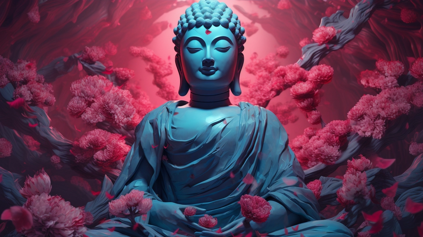 Blue Buddha Statue Surrounded By Pink Flower Petals In D Render Free