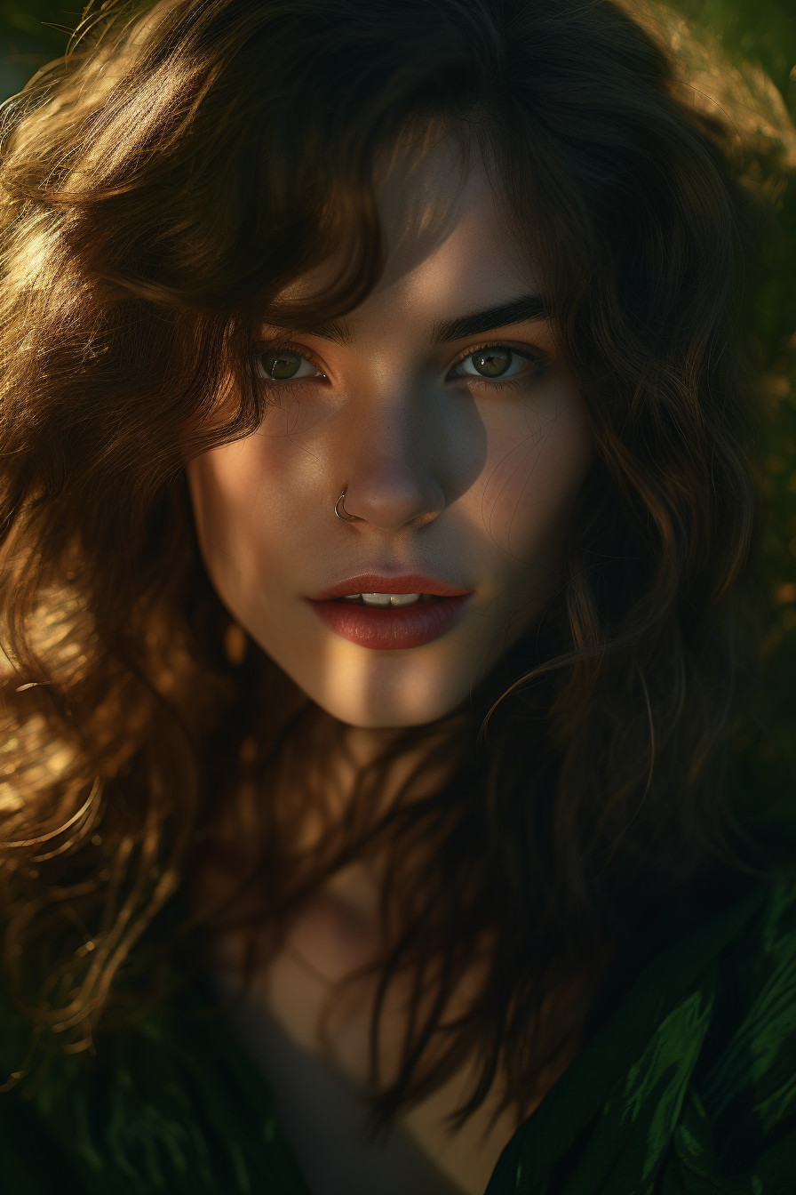 Portrait Of A Radiant Woman With Green Landscapes Reflected In Her Eyes