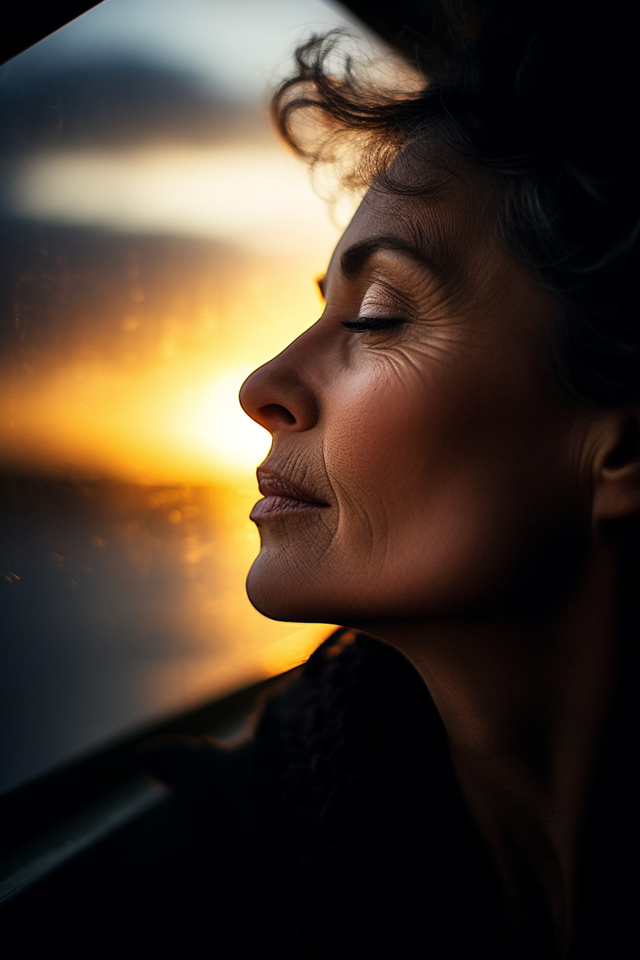 Mature Woman Appreciating Sunrise Emotive Eye Level Portrait Free