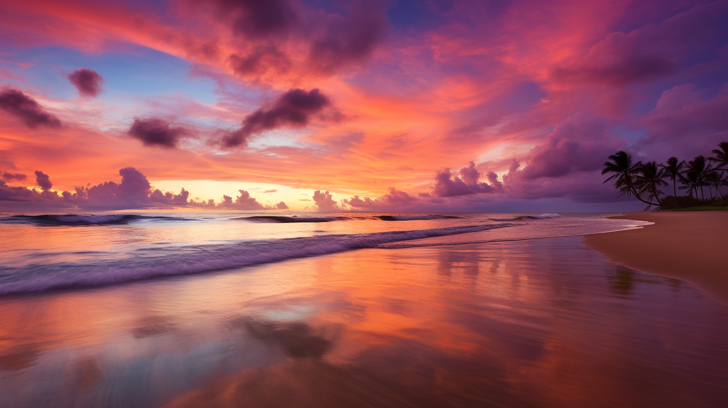 Tropical Beach Sunset with Colorful Sky Reflection on Calm Ocean Waves ...