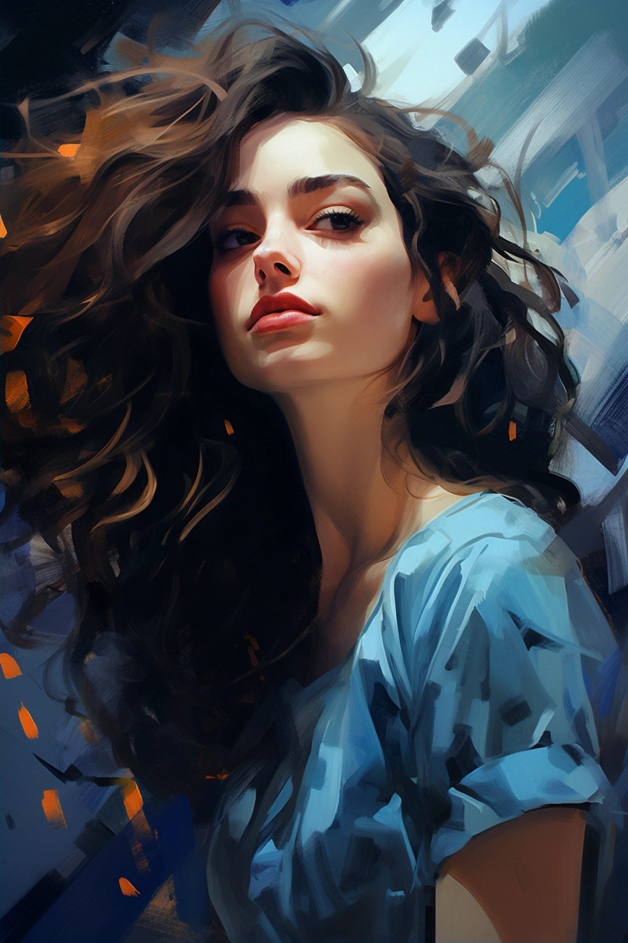 Artistic Portrait of Woman with Long Hair in Brown and Azure Tones ...