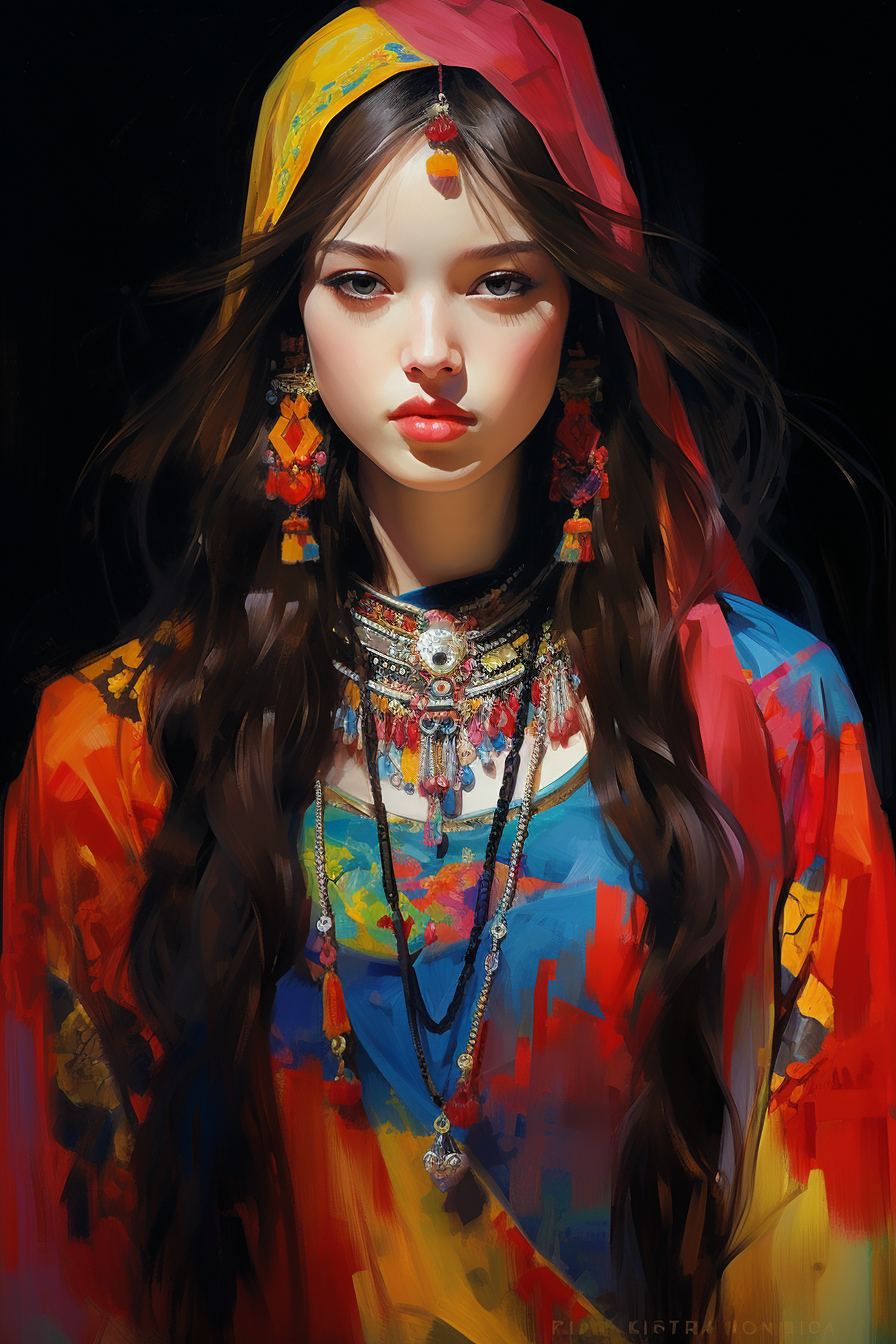 Young Woman in Vibrant Colorful Traditional Non-Western Dress Painting ...