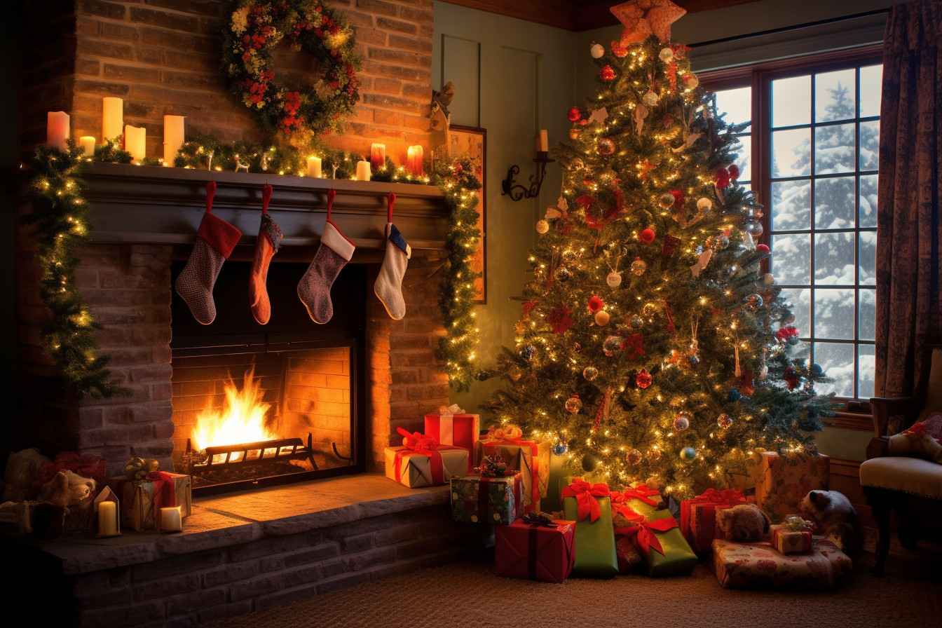 Warm Indoor Christmas Scene with Decorated Tree and Fireplace - Free ...