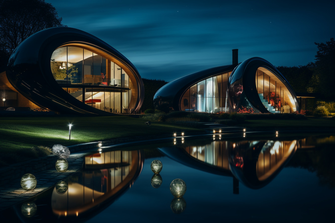 Futuristic Architecture beside Water Body on Starry Night Landscape ...