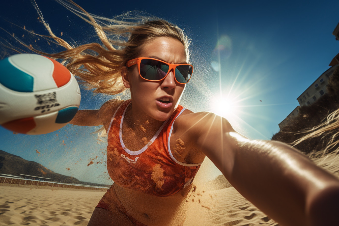 ActionPacked Beach Volleyball Game in Tropical Backdrop Free Image