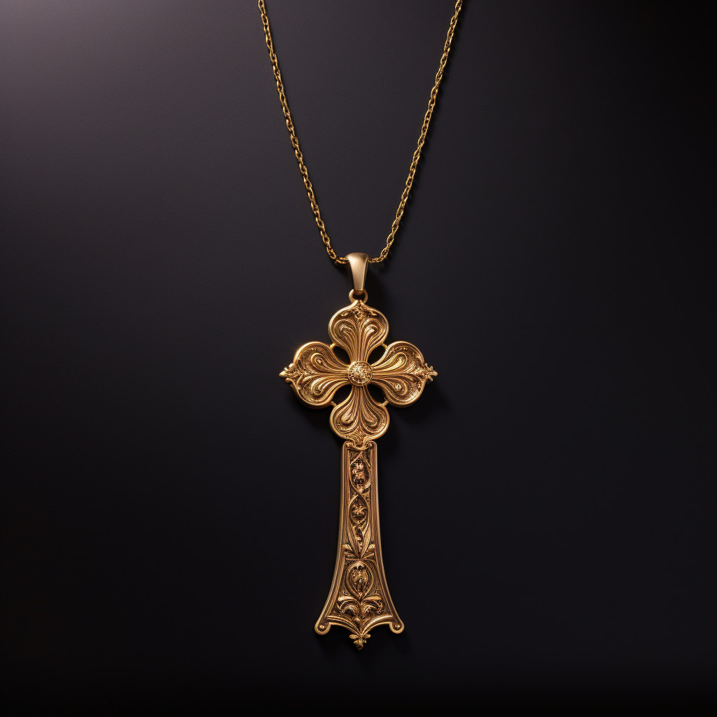 Gold Cross Necklace with Intricate Details on a Minimalist Background