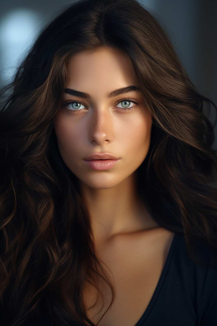 Photorealistic Portrait of a Brown-haired Blue-eyed Female Model in ...