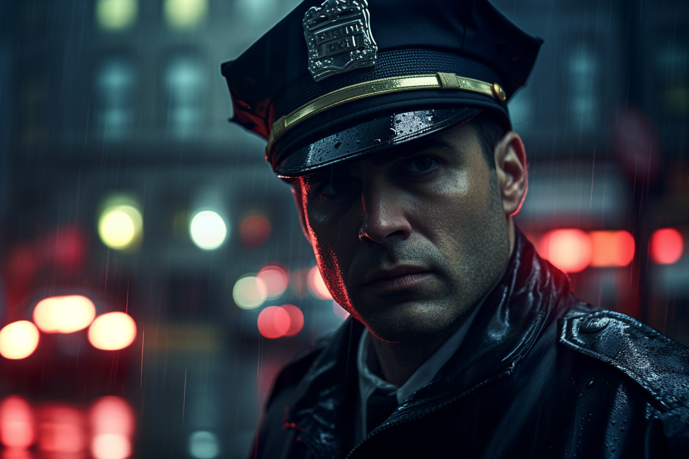 Police Officer Standing in Rain-Slicked, Neon-Lit Downtown Streets ...