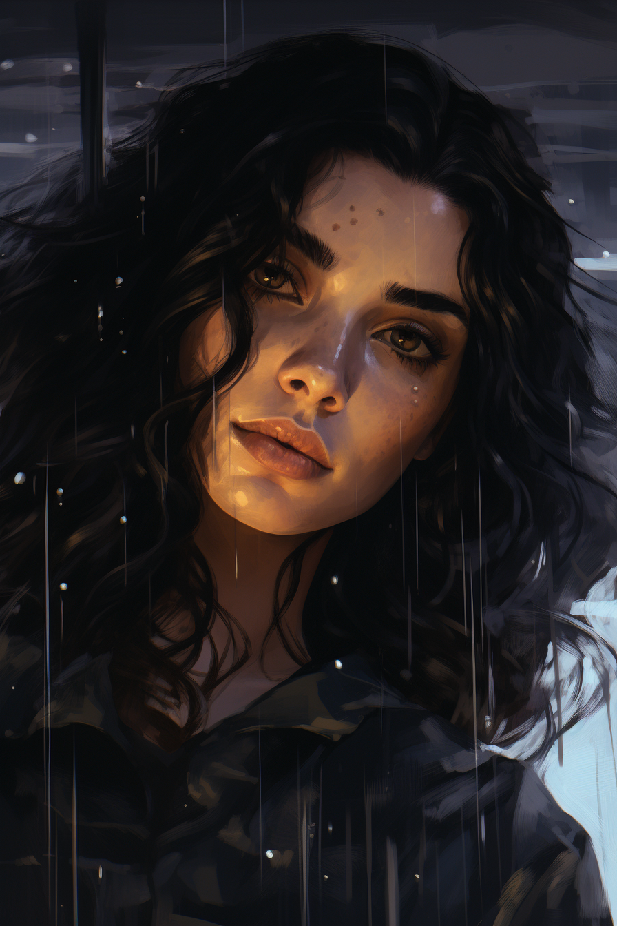 Atmospheric Portrait of a Woman in Rain with Brown Eyes and Black Hair ...