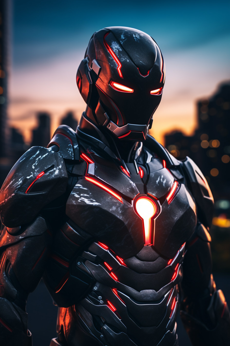 Neo-futuristic Superhero Masked Man Against Urban Sunset Background ...