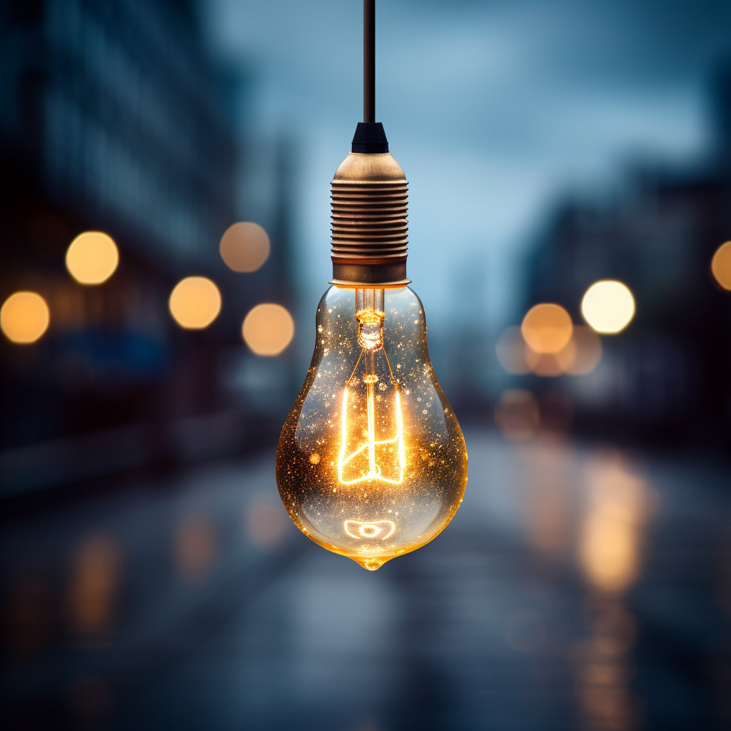 Close-up Image of a Hanging Electric Bulb with Warm Glow and Urban ...