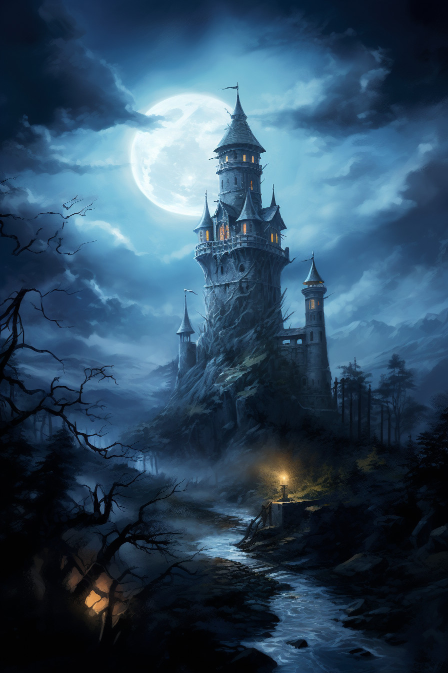 Moonlit Gothic Castle Tower Amidst a Dark Forest in a Digital Painting ...