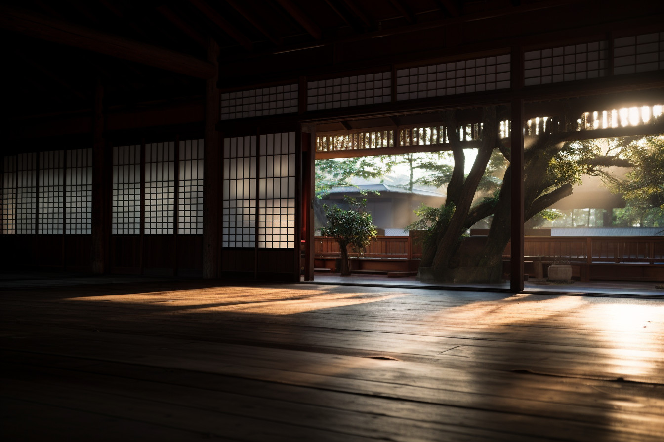 Spacious Traditional Dojo Interior with Natural Wood and Soft Lighting ...