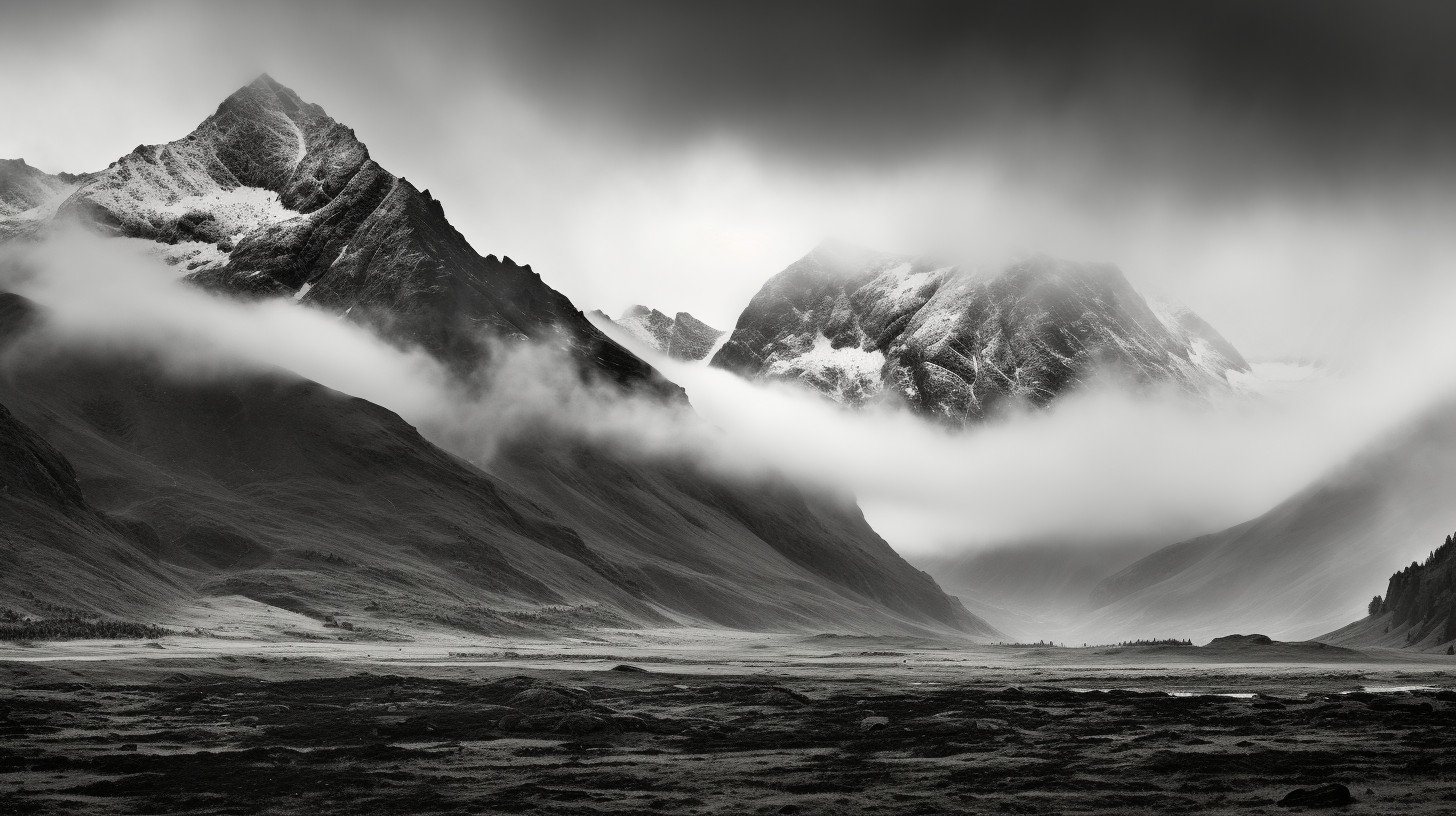 Panoramic Black And White Mountain Landscape With Snow-capped Peaks And 