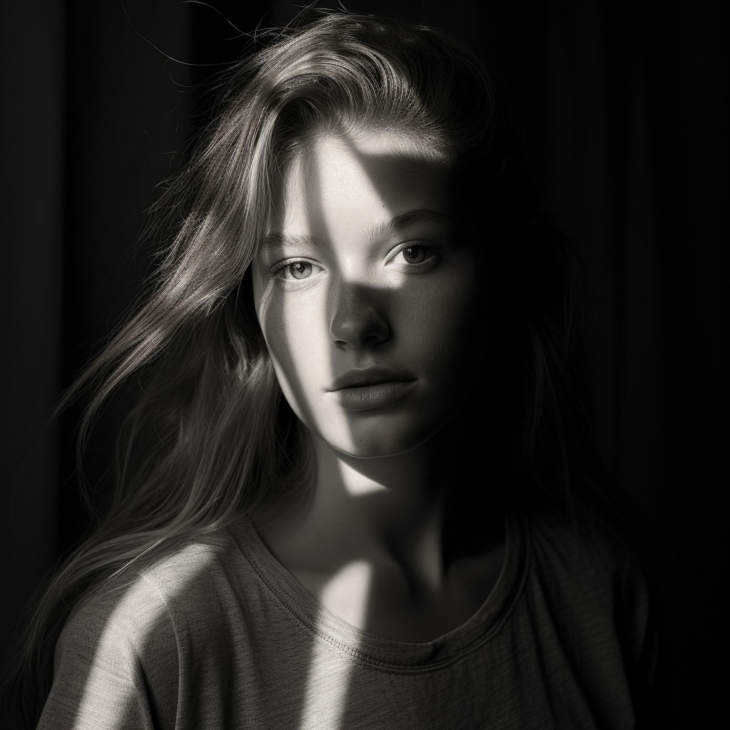 Monochrome Portrait of a Woman's Face in Half-Shadow with Mixed ...