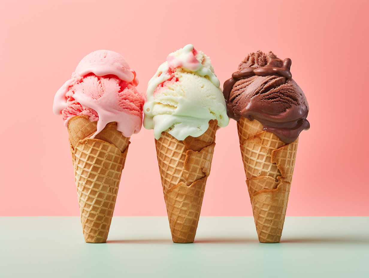 Delicious Melting Triple Scoop Ice Cream Cones On A Sunny Day Free