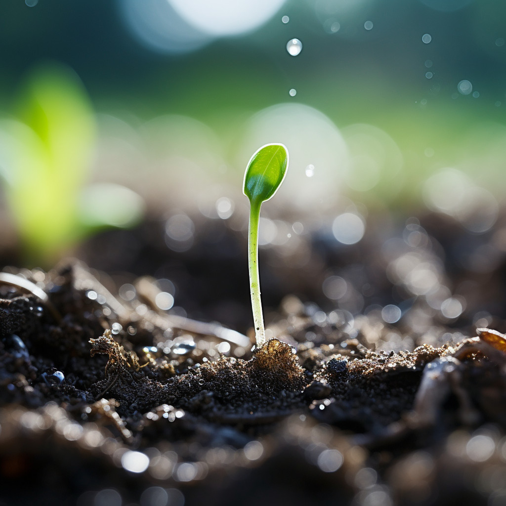 Close-Up Shot of Sprouting Seed: Emerging Green from Soil with Water ...