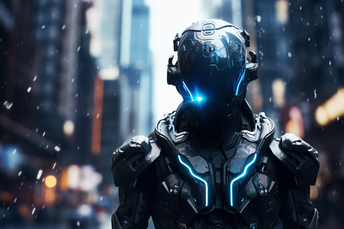 Futuristic Robotic Humanoid in Neon Cityscape - Cyberpunk Surrealism ...