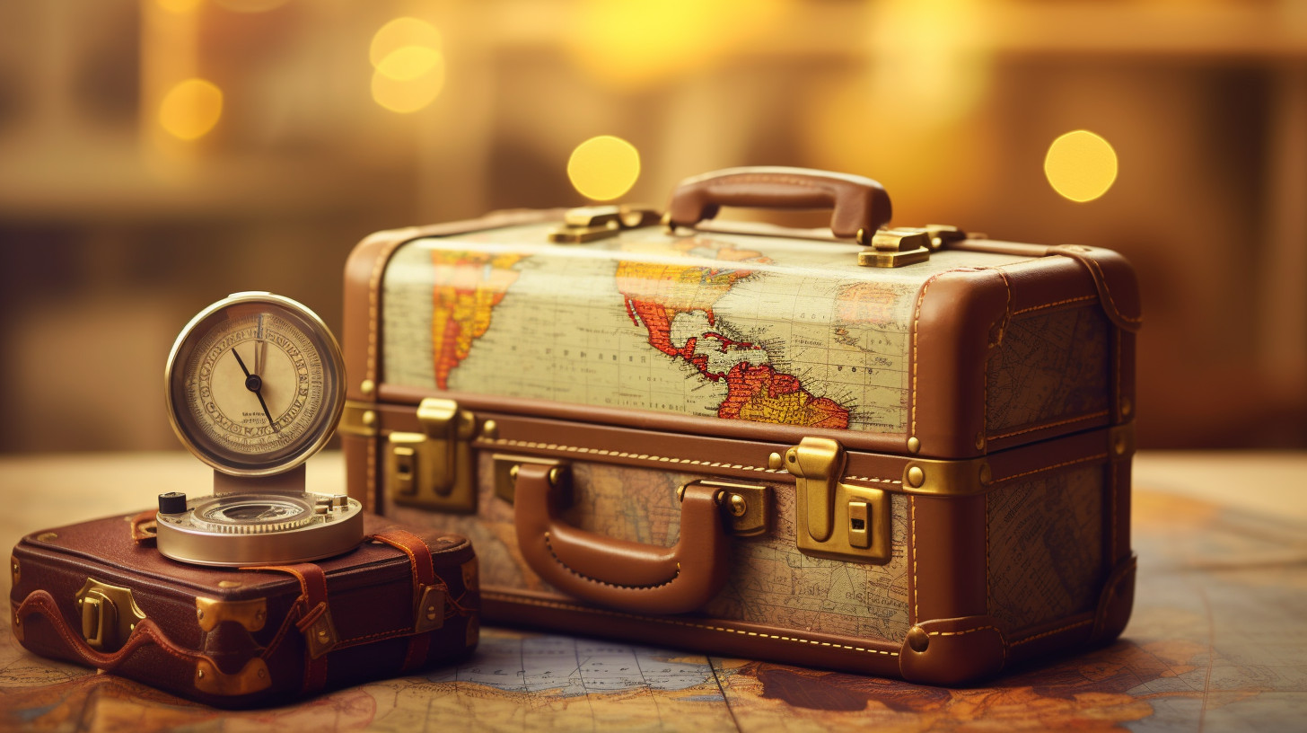 Vintage Travel Accessories: Miniature Suitcase, Globe, and Compass on ...