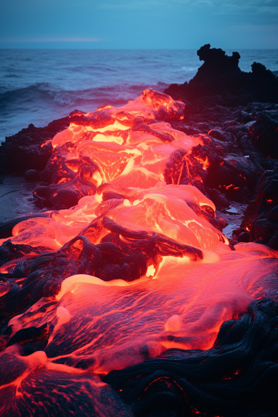 Twilight View of Active Volcano Erupting Lava into Ocean - Free Image ...