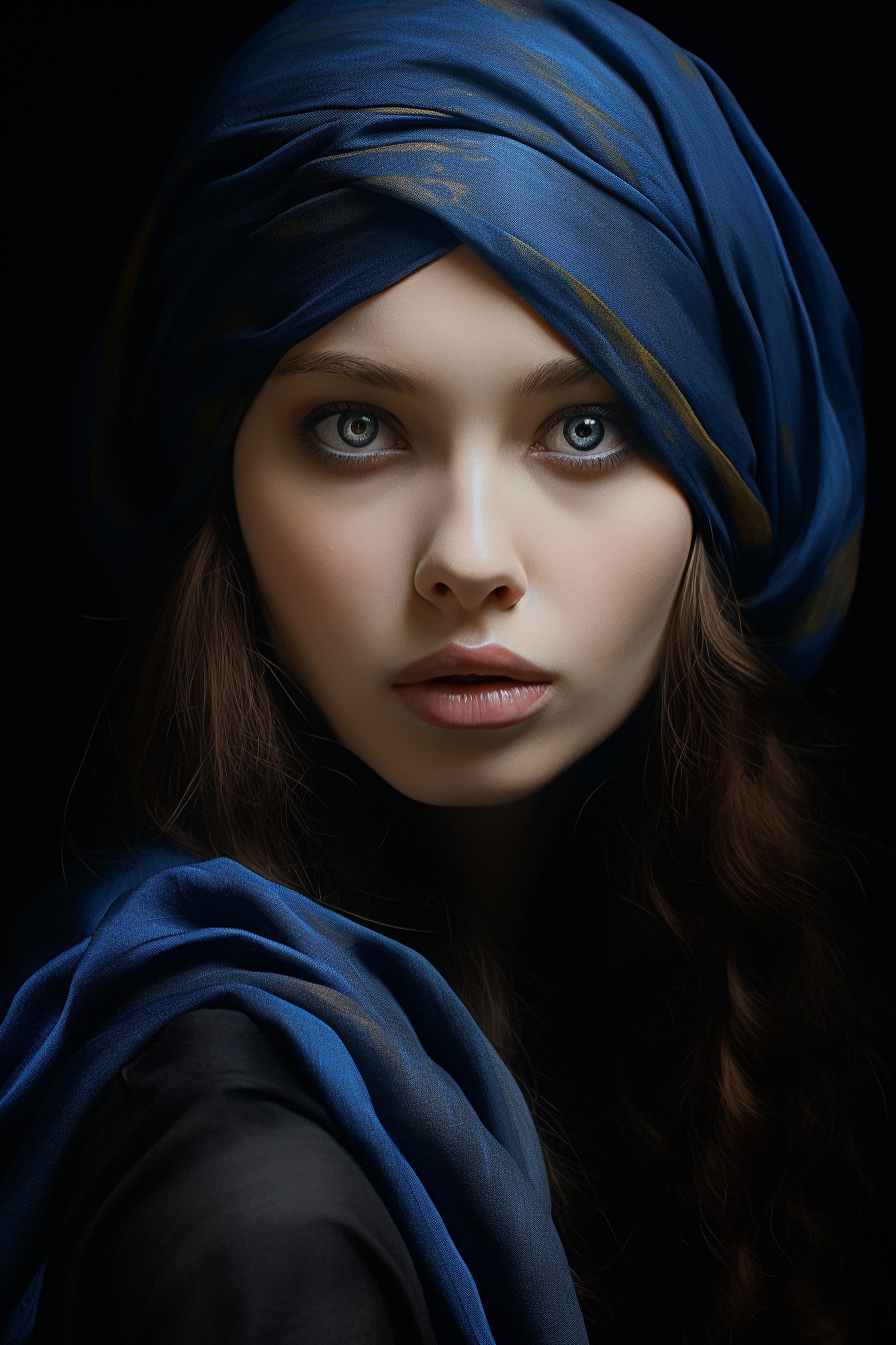 Photorealistic Old Master Style Painting of Woman with Blue Headscarf ...